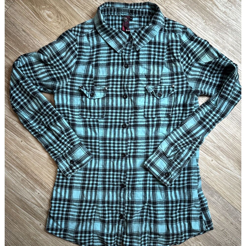 Metal Mulisha Teal and Black Plaid Button-Down Shirt